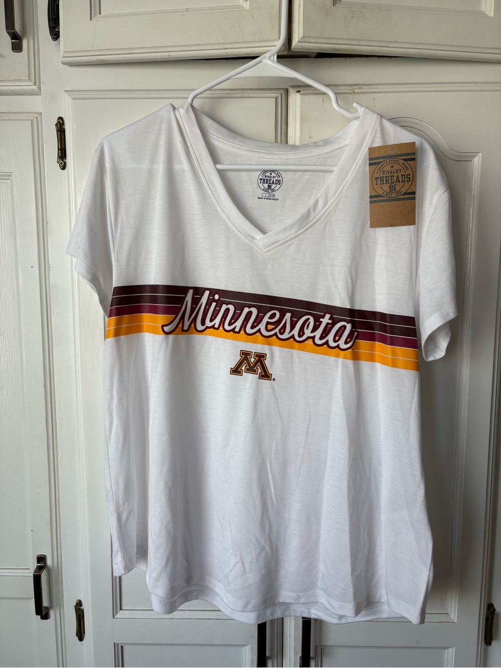 Rivalry Threads White Minnesota V-Neck Tee with Maroon and Gold Stripes